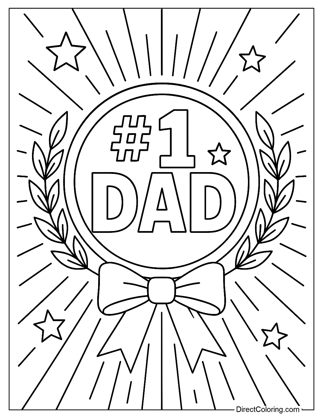 a coloring page of a large letter #1 Dad in a round medal, surrounded by rays of light, laurel branches, bows, and small stars.